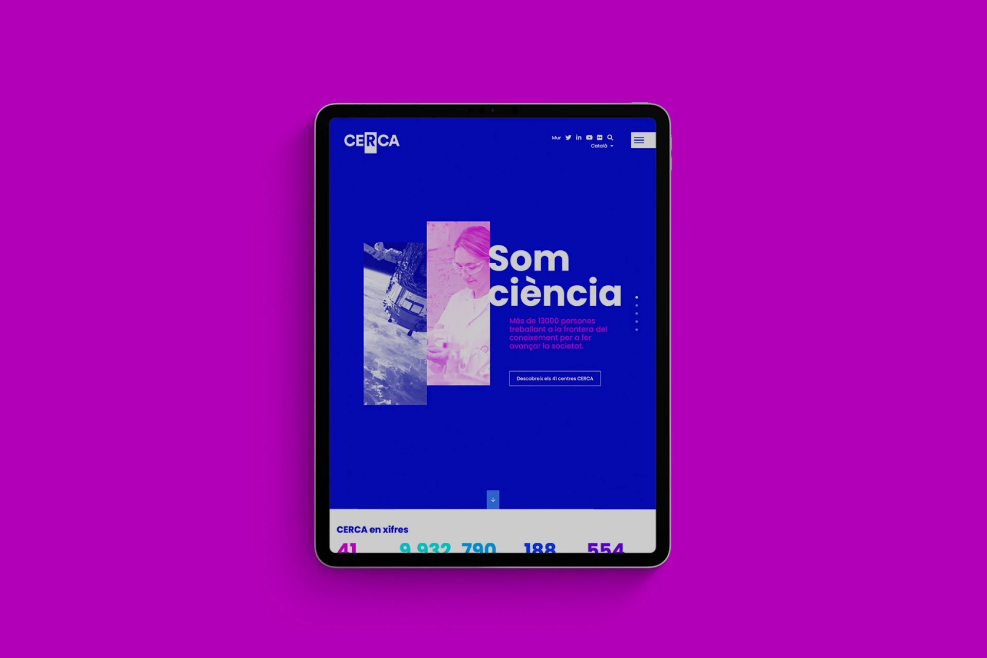 Disseny del web corporatiu de CERCA visualitzat en tablet dins la nova experiència digital