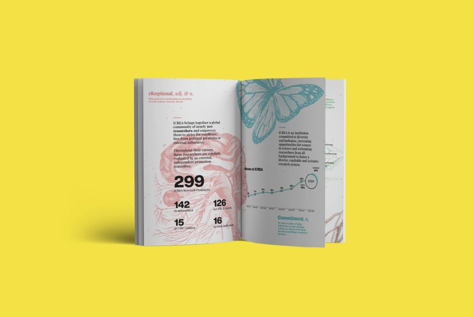 Disseny de la memòria anual 2025 d'ICREA, amb una versió web interactiva i una edició impresa resumida.