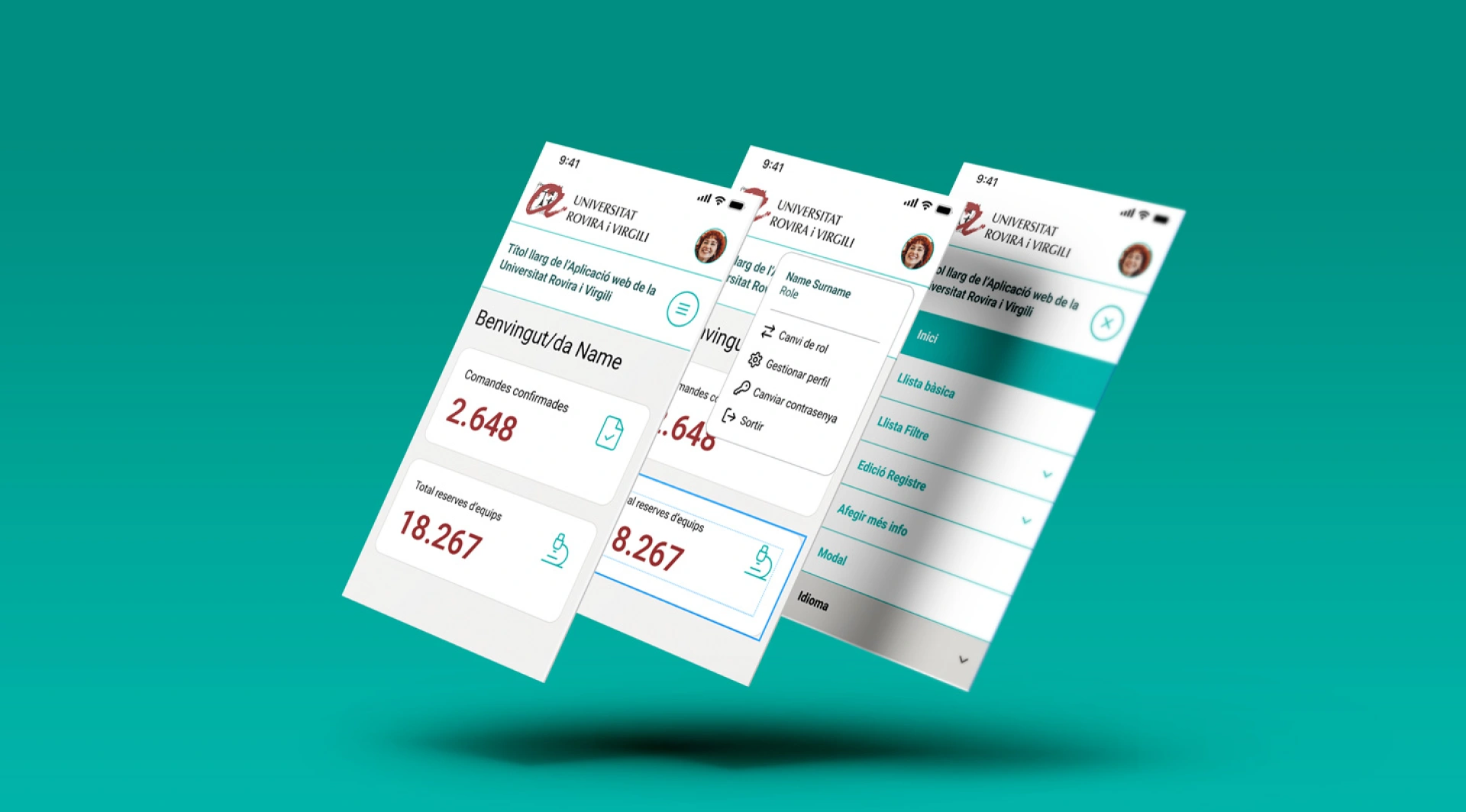 Vistes del nou disseny responsive de les aplicacions de la Universitat Rovira i Virgili adaptades a dispositius mòbils.